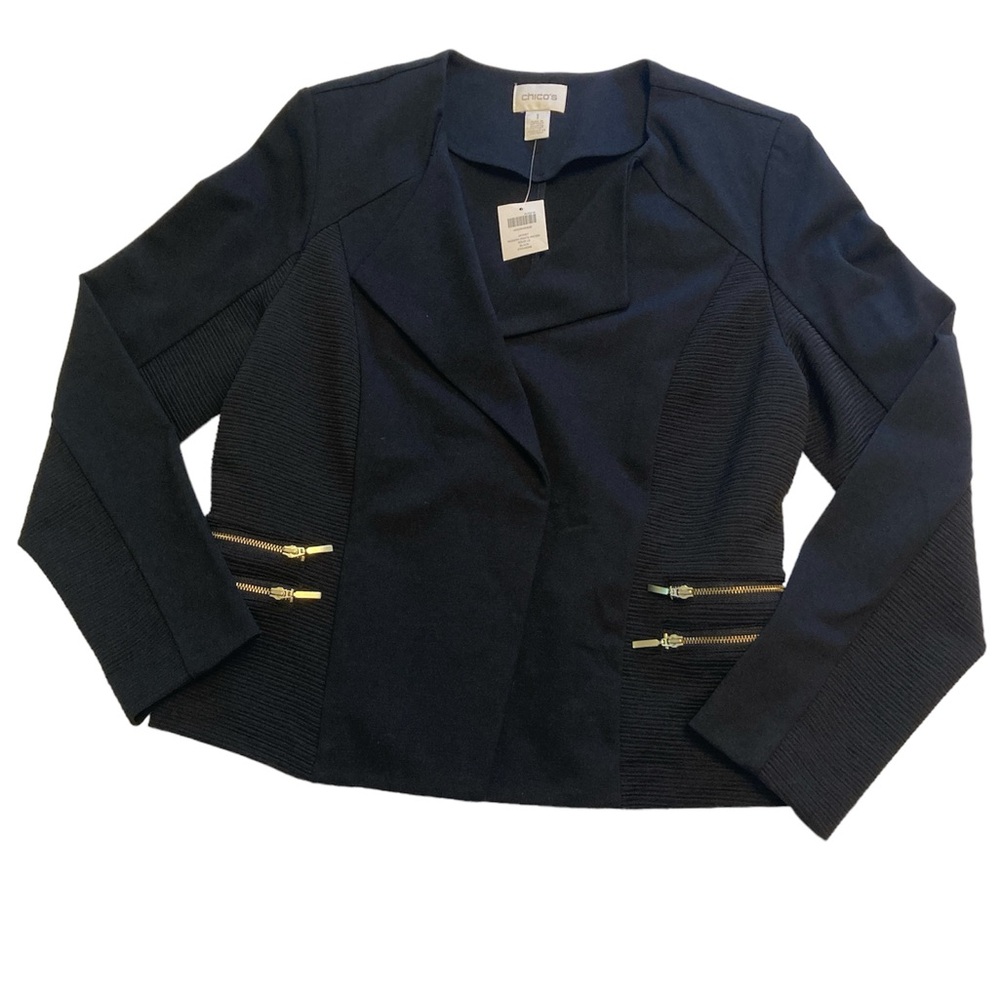Chico’s Modern Ponte Pieced Open Front Black Blazer Size 8
